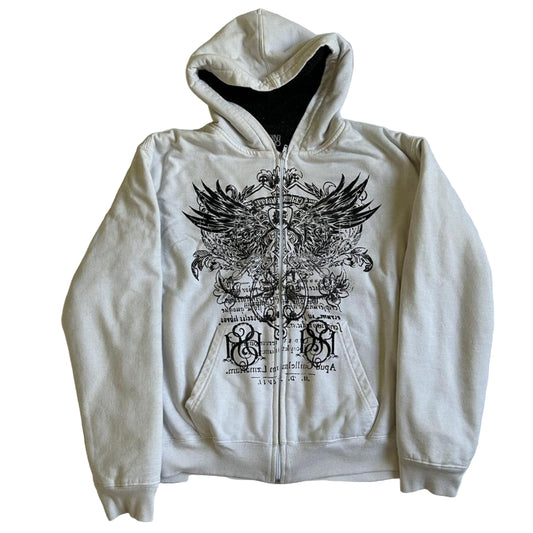 White hoodie with black graphic design on a white background