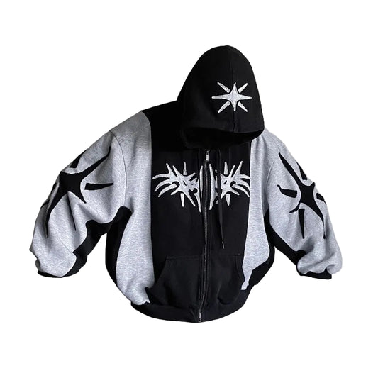 Black and gray hoodie with star designs on a gray background