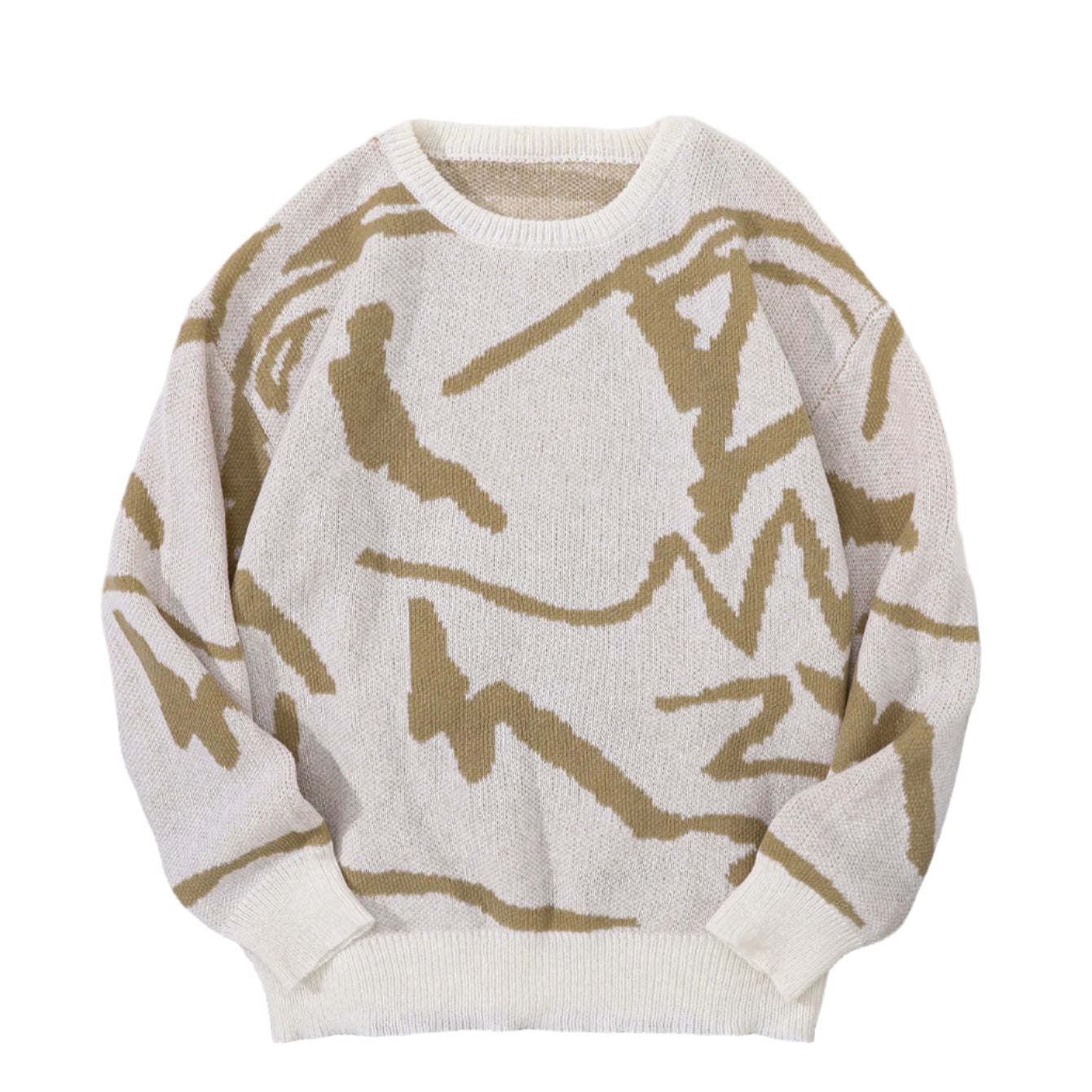 White sweater with brown abstract patterns on a white fur surface with a beige cap and black cup.