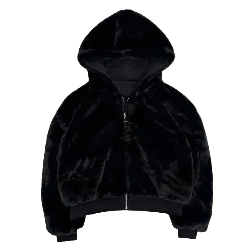 Black velvet hoodie on a gray background
