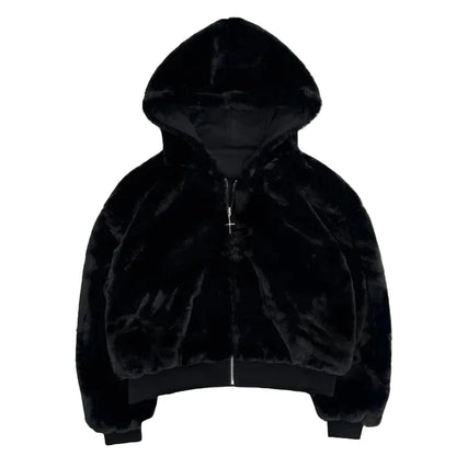 Black velvet hoodie on a gray background