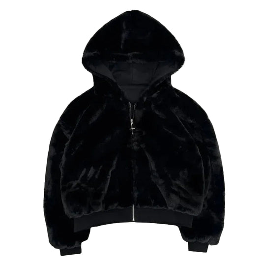 Black velvet hoodie on a gray background
