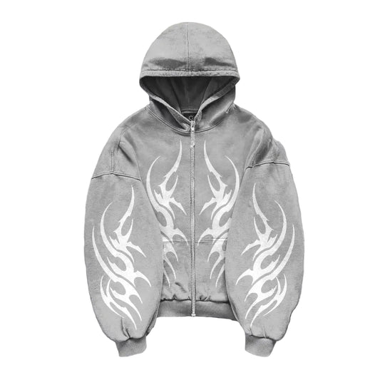Gray hoodie with white flame patterns on a gray background
