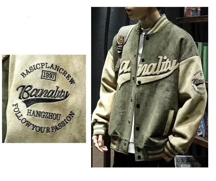 American Embroidered Suede Varsity Pilot Jacket