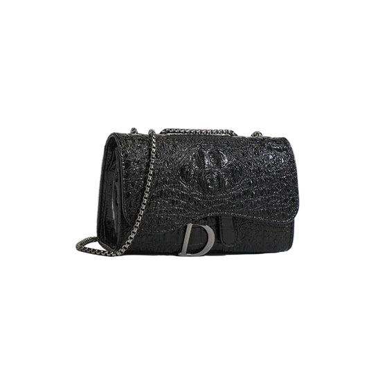 Black handbag with a brand logo on a white background, displayed on a fashion store website.