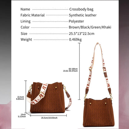 Brown crossbody bag with measurements and details on a white background