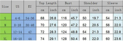 Size chart for clothing measurements in centimeters and inches