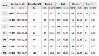 Size chart for shirts with measurements in centimeters and inches.