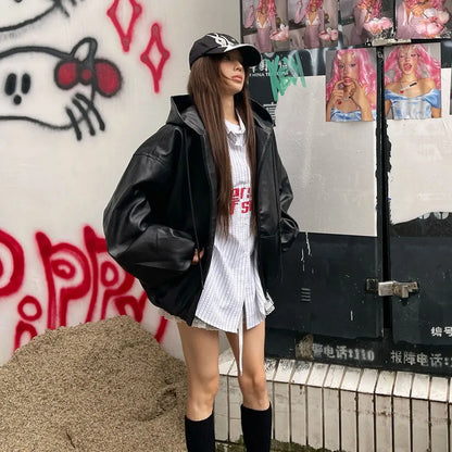 Leather Oversized Hooded Windbreaker