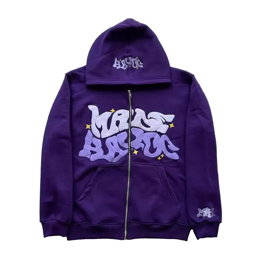 Purple hoodie with white and yellow text on a gray background