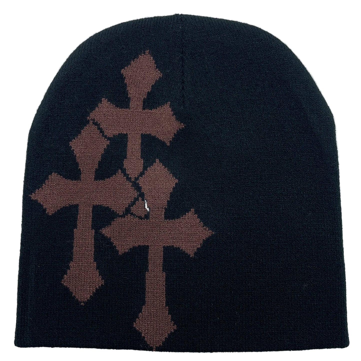 Black beanie with brown cross design on a white background