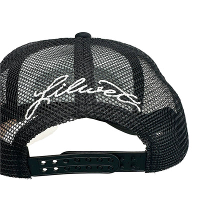 Black mesh cap with white embroidered logo on a light gray background