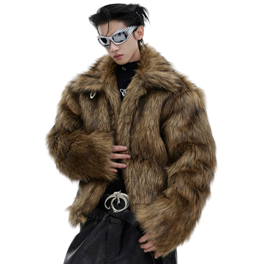Person wearing a fur coat and sunglasses with 'mauroicardi' branding.