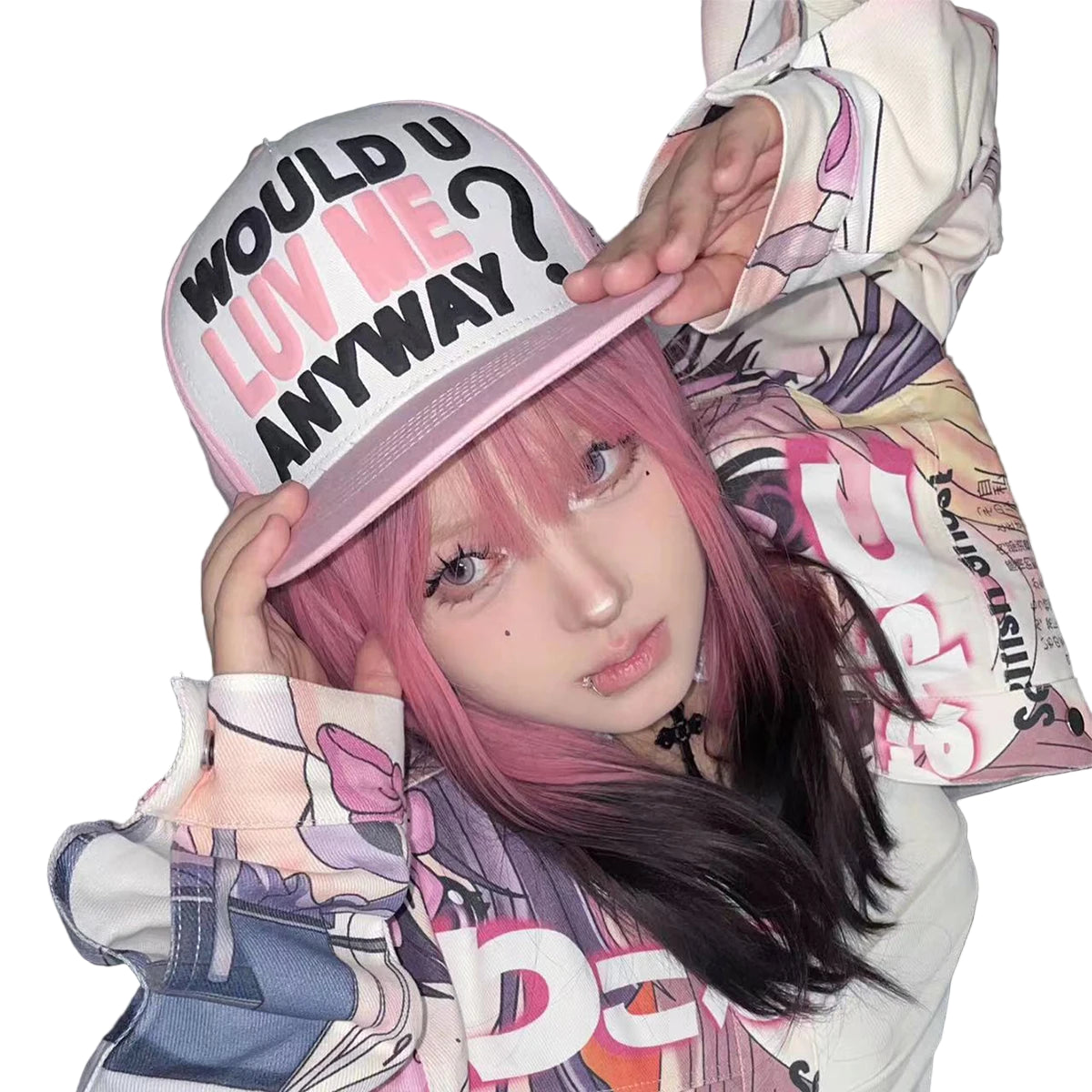 Person wearing a cap with text and a colorful jacket against a dark background