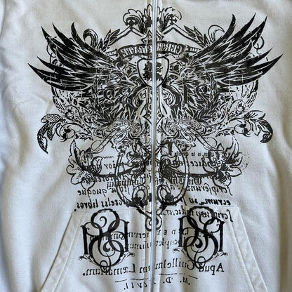 White hoodie with black intricate design featuring wings and text on a white background