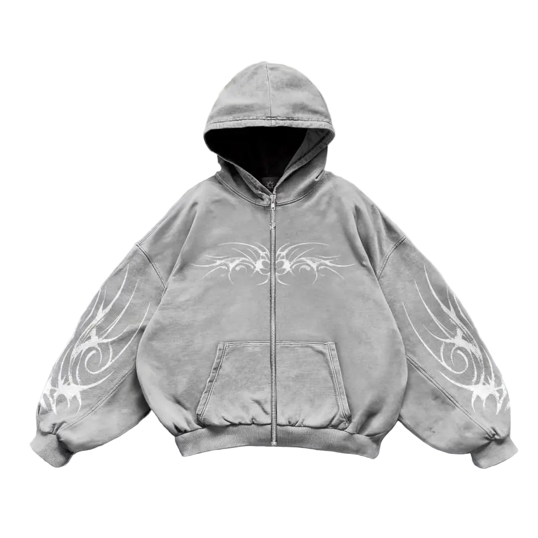 Gray hoodie with white designs on sleeves against a gray background