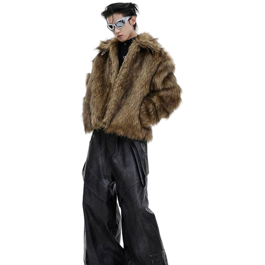 Person wearing a fur coat and black pants with 'mauroicardi' branding.