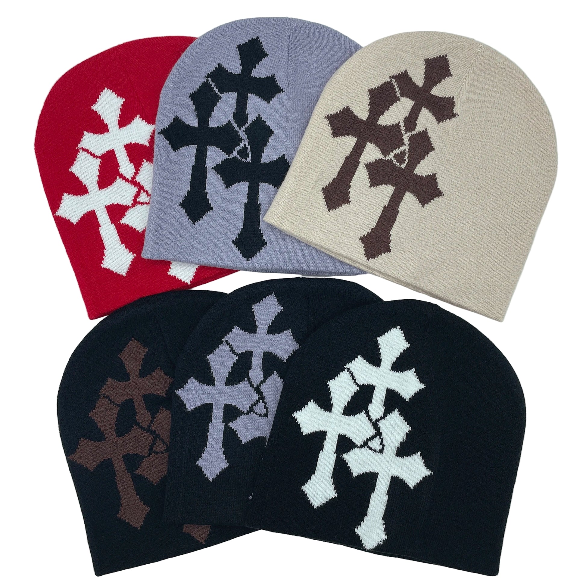 Set of beanies with cross patterns in various colors on a white background