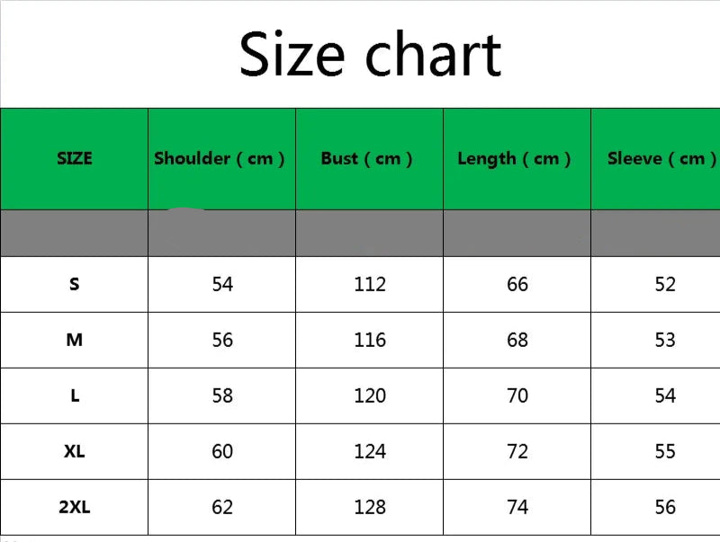 Size chart for clothing measurements in centimeters