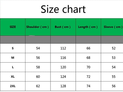 Size chart for clothing measurements in centimeters