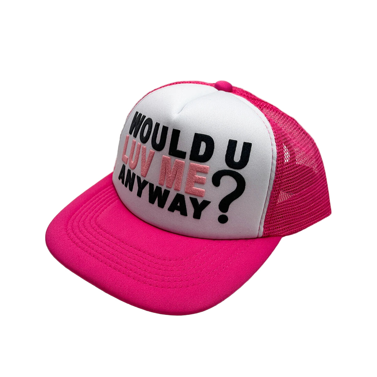 Pink and white cap with text on a white surface