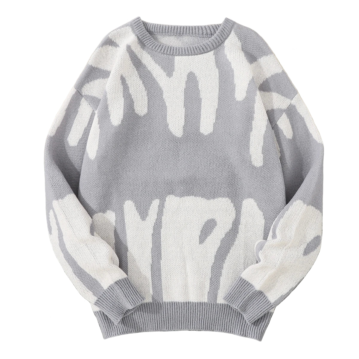 Gray sweater with white abstract patterns on a textured surface