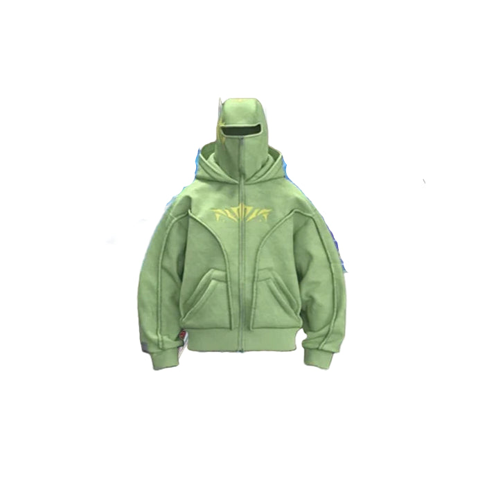 Green hoodie with a mask in a fantasy setting with glowing wings and flowers.
