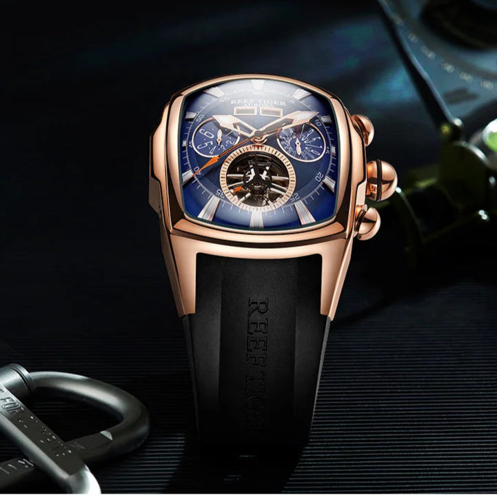 Two views of a luxury watch with rose gold case and black strap on a dark background.