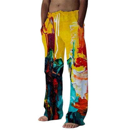 Colorful abstract-patterned pants worn by a person on a plain background