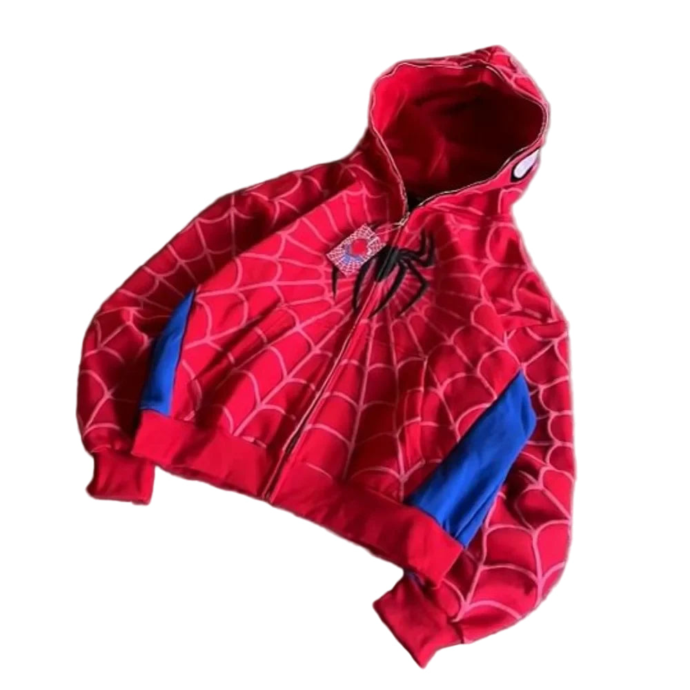 Red Spider-Man hoodie with blue accents on a concrete floor