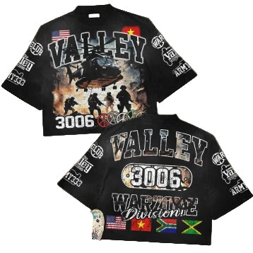 Two black t-shirts with 'Valley 3006' and military-themed graphics on a textured surface.