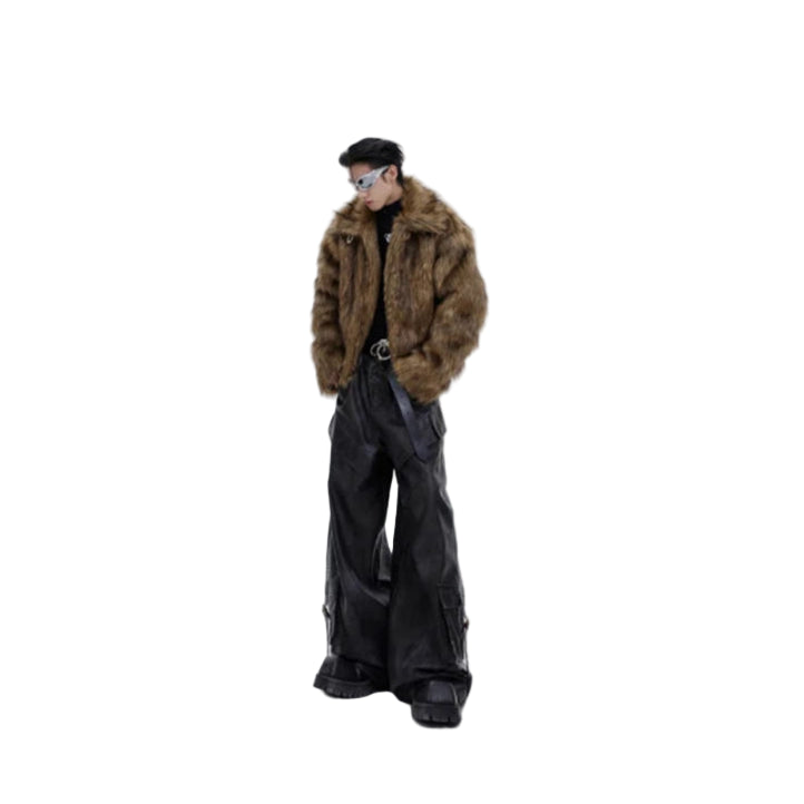 Person wearing a fur coat and black pants on a white background