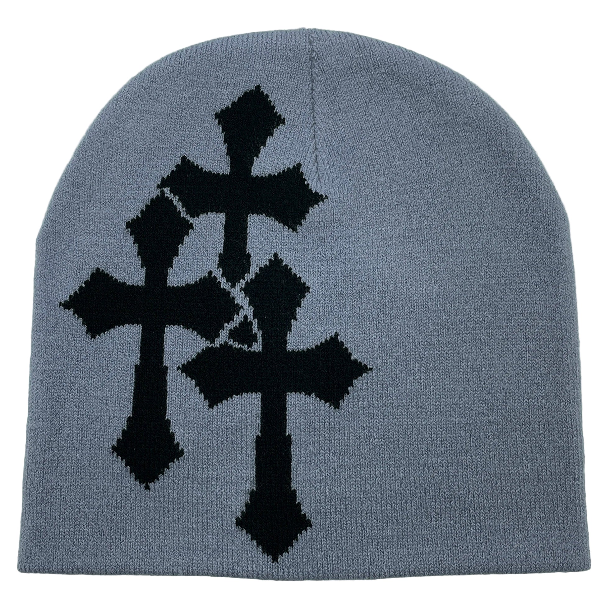 Gray beanie with black cross patterns on a light gray background