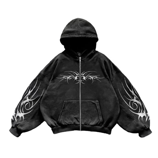 Black hoodie with white tribal designs on sleeves against a light gray background