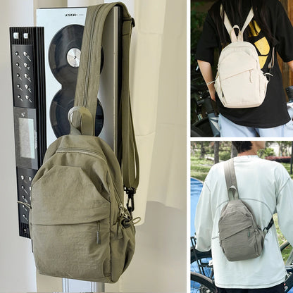 Collage of a green backpack, beige backpack on a person, and gray crossbody bag on a person.