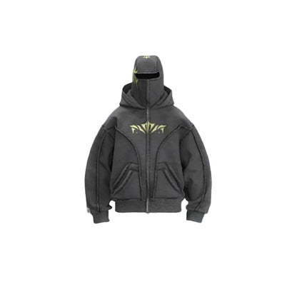 Gray hoodie with a yellow logo in front of a fantasy setting with stained glass windows and colorful wings.
