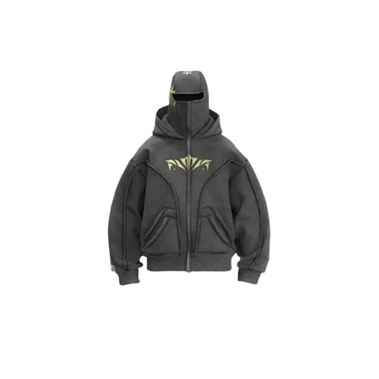 Gray hoodie with a yellow logo in front of a fantasy setting with stained glass windows and colorful wings.