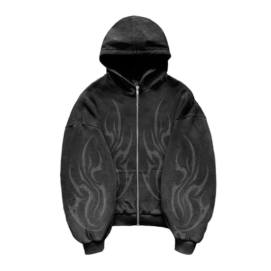 Black hoodie with tribal patterns on a gray background