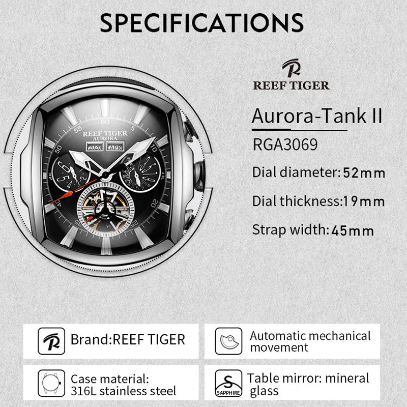 Reef Tiger Aurora-Tank II watch with specifications on a gray background