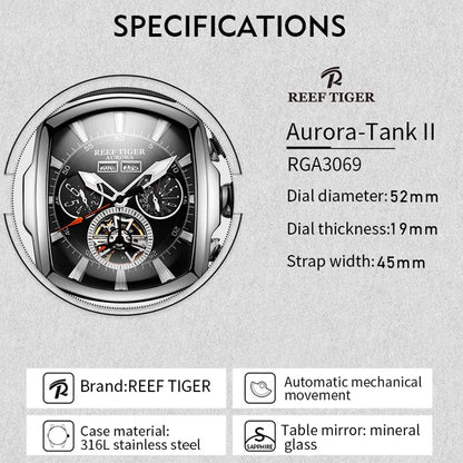 Reef Tiger Aurora-Tank II watch with specifications on a gray background