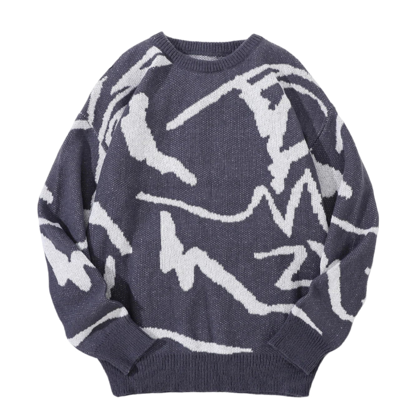 Gray sweater with white abstract pattern on a gray surface with white sneakers and a black cap.
