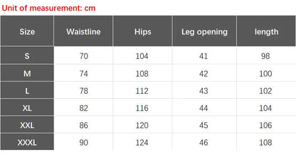 Size chart for pants with measurements in centimeters