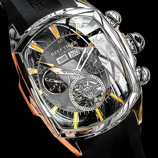 Reef Tiger watch with black strap held in hand