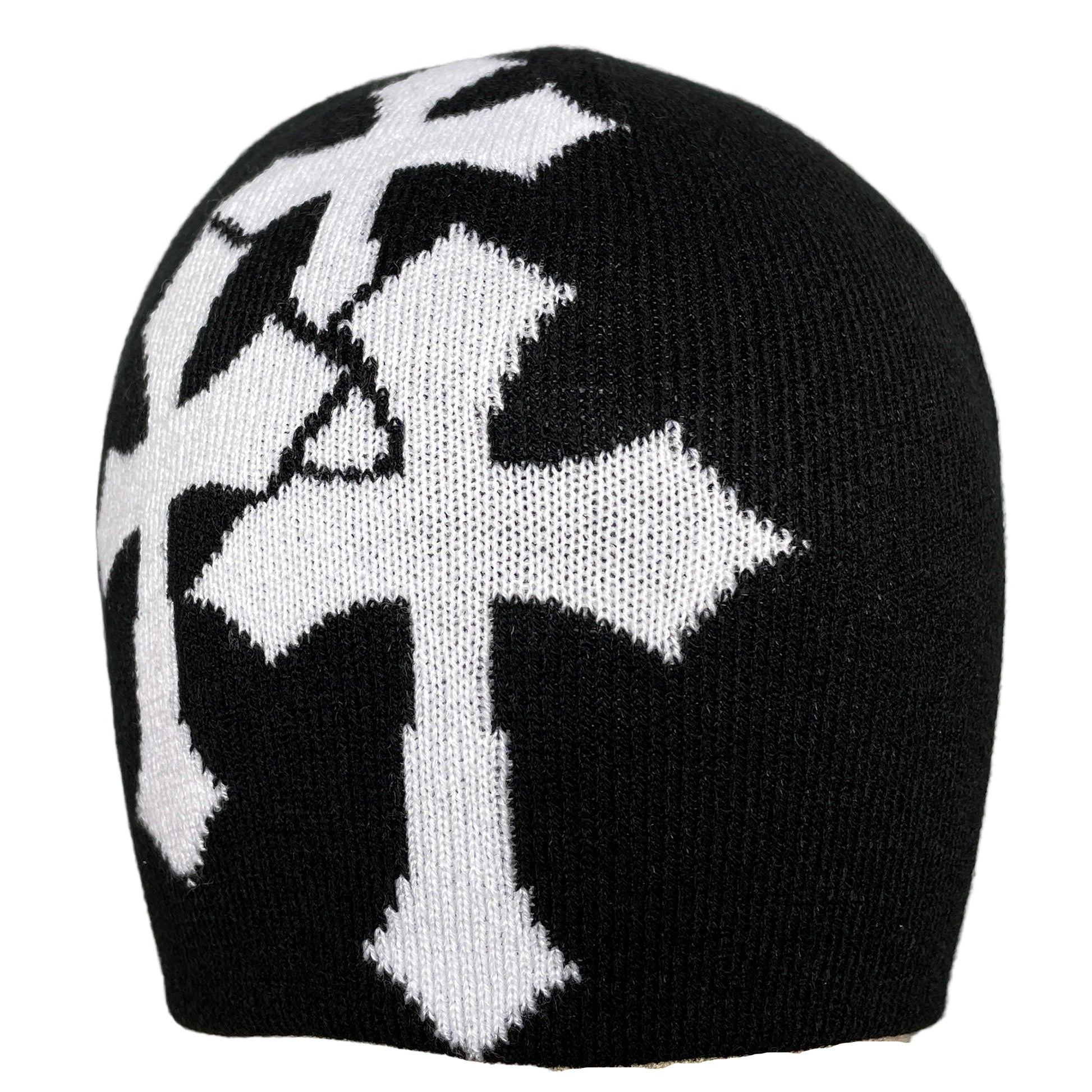 Black knit beanie with white geometric pattern on a mannequin head against a gray background