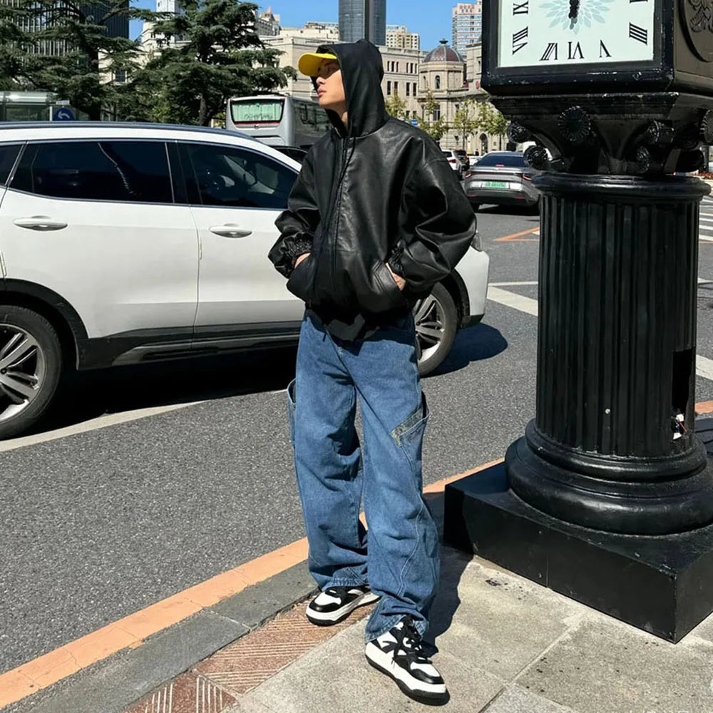 Leather Oversized Hooded Windbreaker