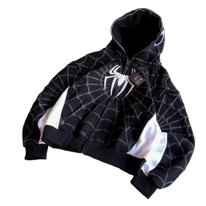 Black Spider-Man hoodie with white accents on a textured surface