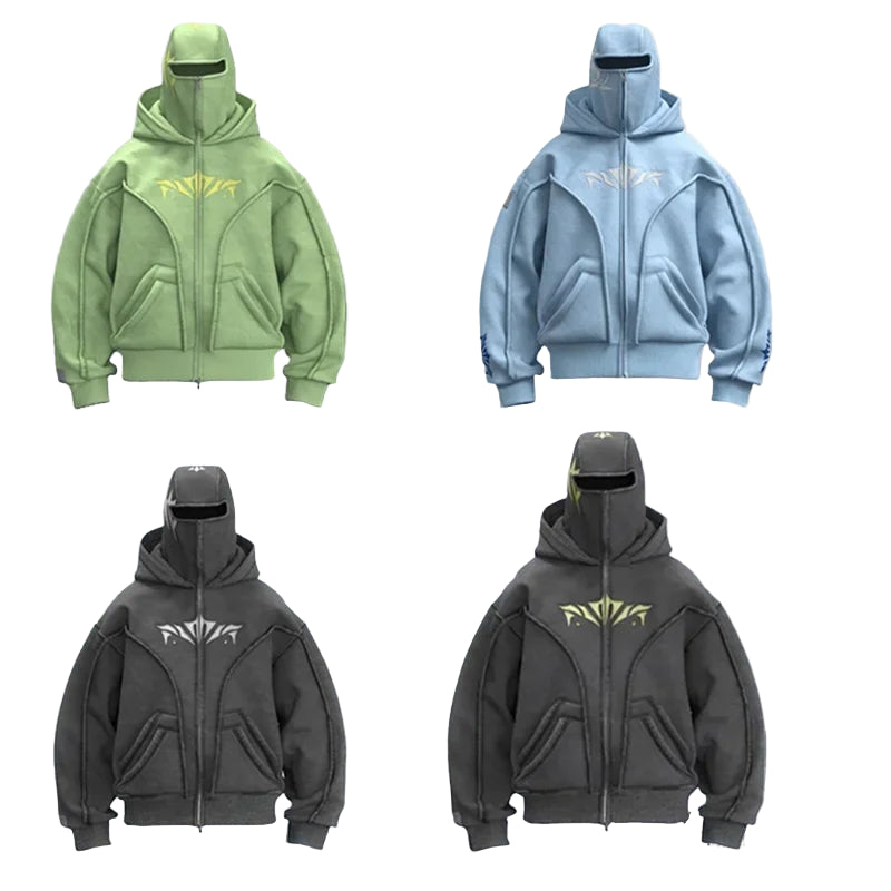 Four hoodies in different colors with a brand logo on a gray background