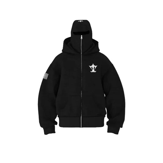 Black hoodie with a white logo on a gray textured background