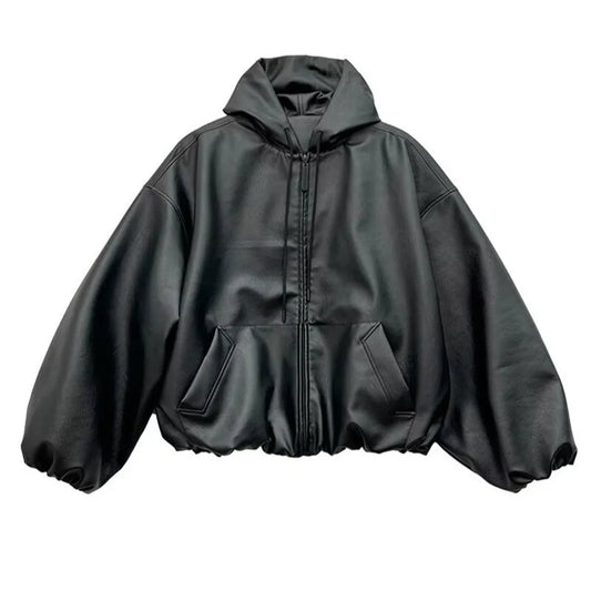 Leather Oversized Hooded Windbreaker