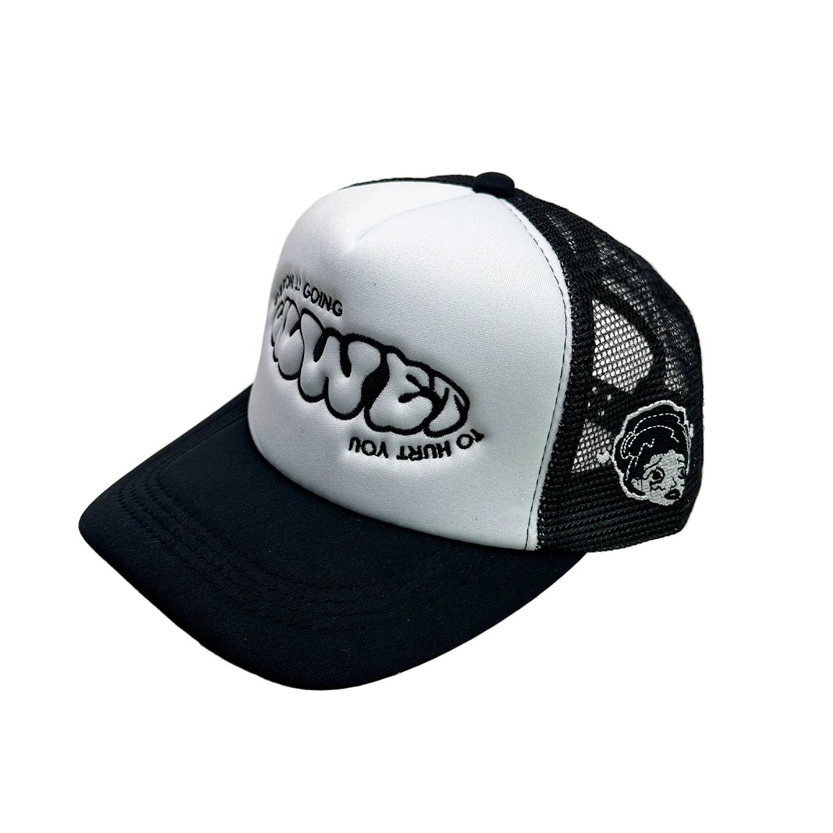 Black and white cap with text and design on a white surface